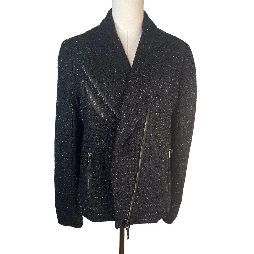 I Love Ronson Large Black Tweed Asymmetrical Zipper Jacket